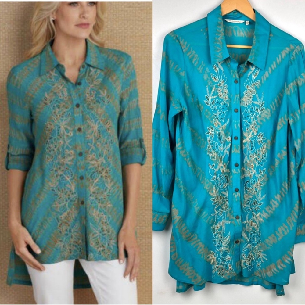 Soft Surroundings Teal Daybreak Tunic Shirt Beaded L